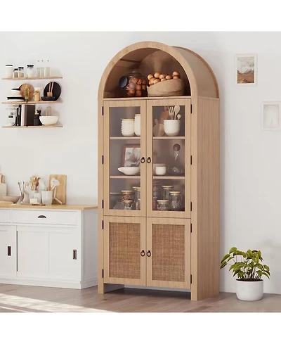 homfan 71-Inch Arched Bookcase with Glass Doors and Rattan Accent, 6-Tier Display Cabinet, Adjustable Shelves