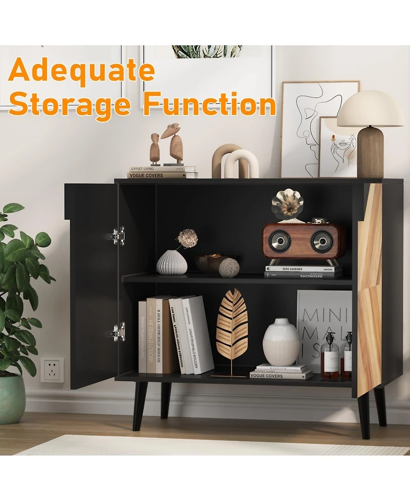 homfan Sideboard Buffet Cabinet with Herringbone Pattern, Walnut Wood Grain, Freestanding Storage for Dining Room