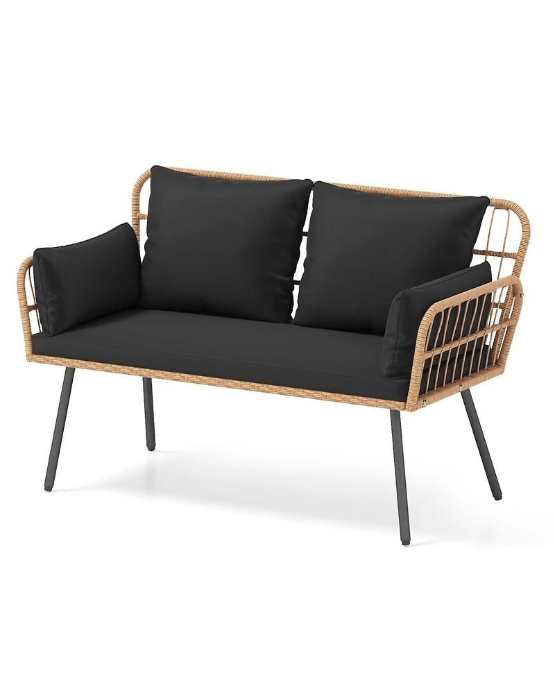Gymax Patio Wicker Loveseat Furniture w/Seat Back Cushions Heavy-Duty Metal Legs Outdoor