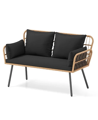 Gymax Patio Wicker Loveseat Furniture w/Seat Back Cushions Heavy-Duty Metal Legs Outdoor