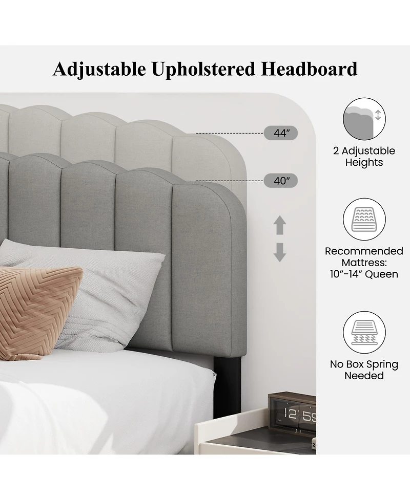 Slickblue Upholstered Queen Bed Frame with Scalloped Tufted Headboard for Bedroom