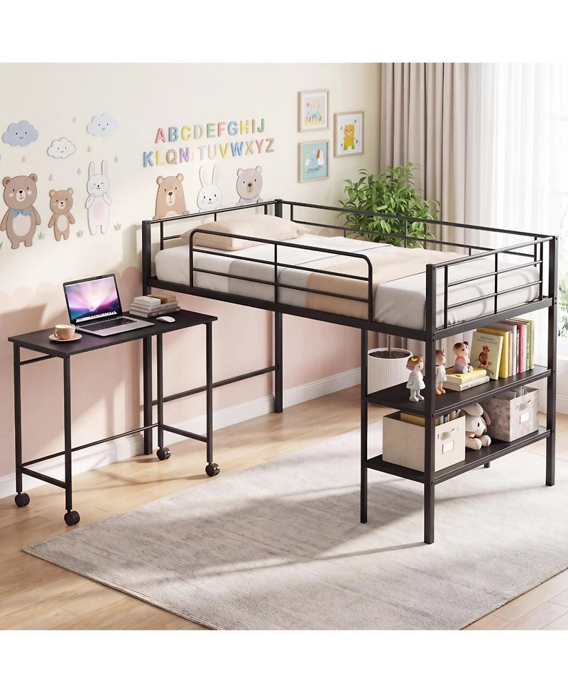 Slickblue Twin Loft Bed Frame with Rolling Desk and Built-In Bookshelf Storage