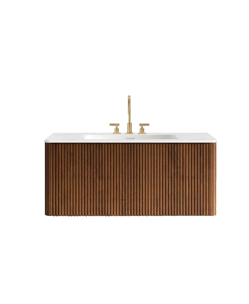 Sillysis 30" Modern Wall Mounted Bathroom Vanity with Carrara Integrated Ceramic Sink, Push-Open Walnut Striped Storage Drawer
