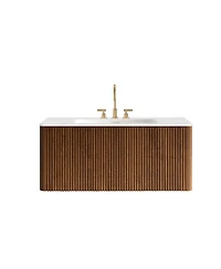 Sillysis 30" Modern Wall Mounted Bathroom Vanity with Carrara Integrated Ceramic Sink, Push-Open Walnut Striped Storage Drawer