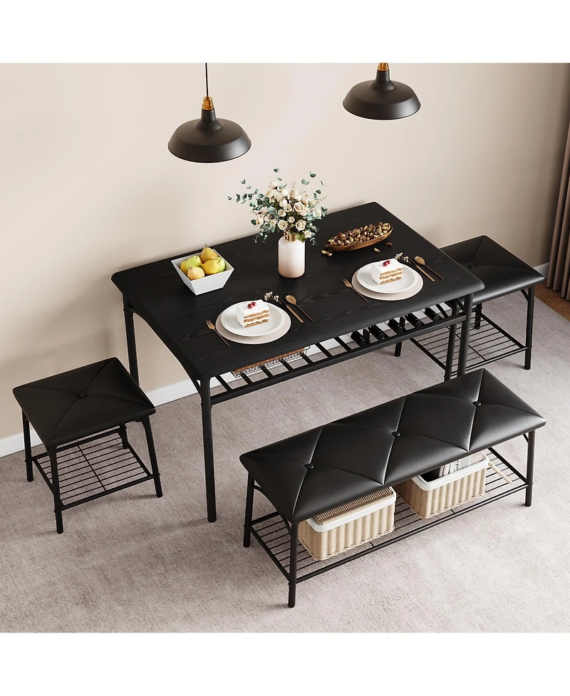 homfan 4-Piece Storage Dining Set, Pu Padded Bench and Stools, Space Saving Engineered Wood Kitchen Furniture