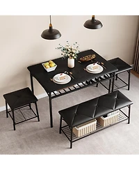 homfan 4-Piece Storage Dining Set, Pu Padded Bench and Stools, Space Saving Engineered Wood Kitchen Furniture