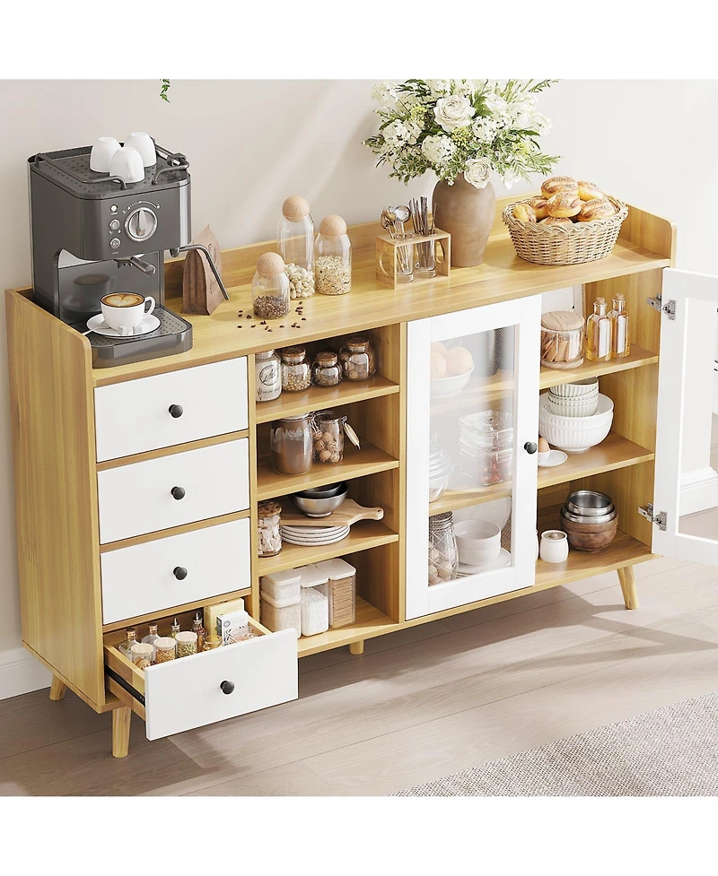 homfan 55" Farmhouse Coffee Bar with Storage and Adjustable Shelves, Buffet Sideboard Cabinet with Glass Doors and Open Shelves for Dining Room
