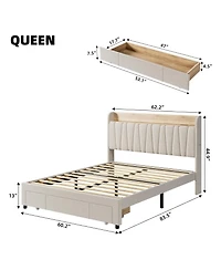 homfan Queen Upholstered Bed Frame with Storage Headboard, Charging Station and Drawer, Platform Bed with Wood Slats