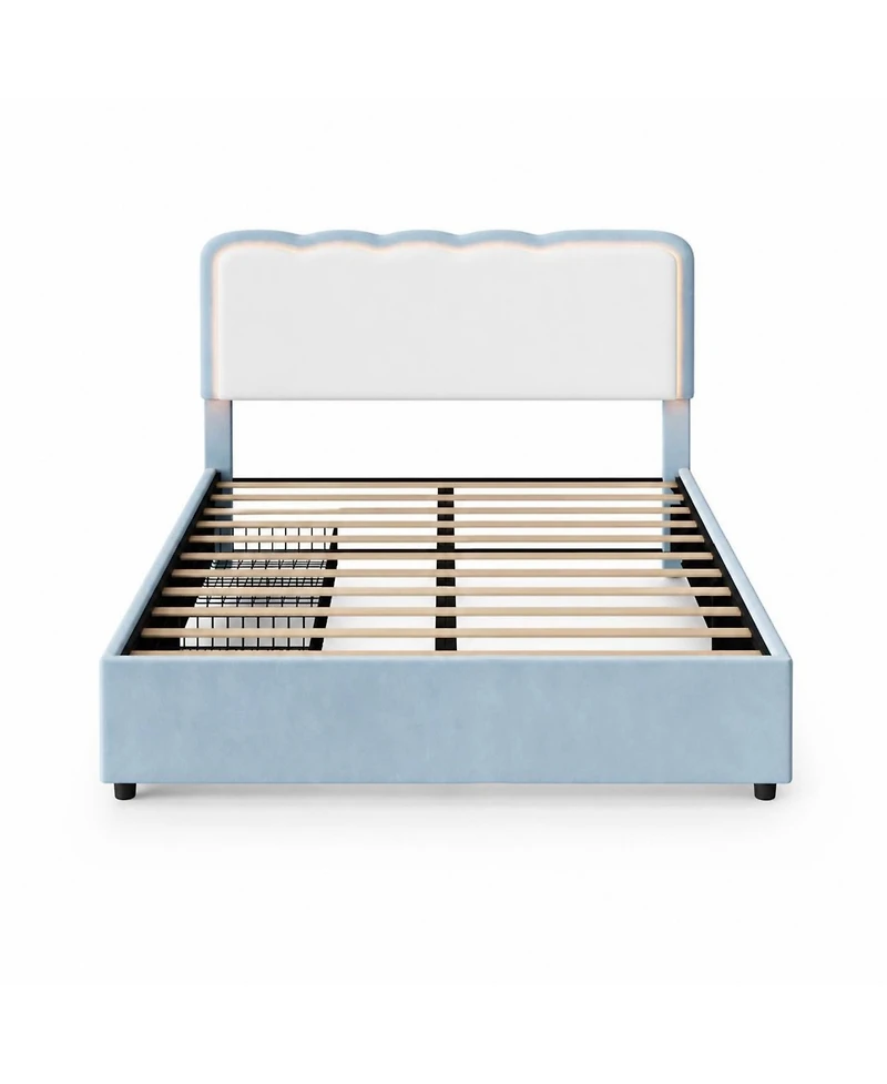 homfan Full Upholstered Led Bed Frame with 2 Storage Drawers, Velvet Platform Bed with Wavy Headboard, Wood Slat Support