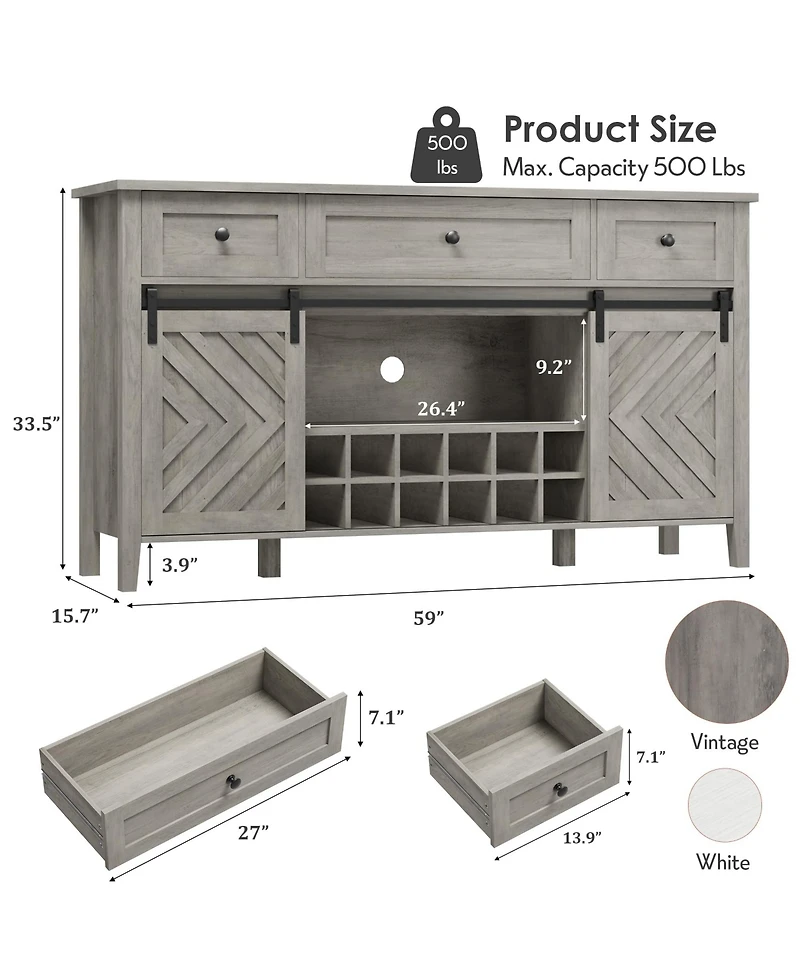 homfan 59 Inch Farmhouse Sideboard Buffet with Sliding Barn Door, 3 Drawers, Removable Wine Rack and Adjustable Shelf for Dining Room, Kitchen