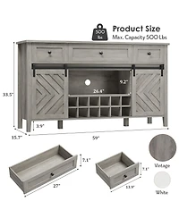 homfan 59 Inch Farmhouse Sideboard Buffet with Sliding Barn Door, 3 Drawers, Removable Wine Rack and Adjustable Shelf for Dining Room, Kitchen