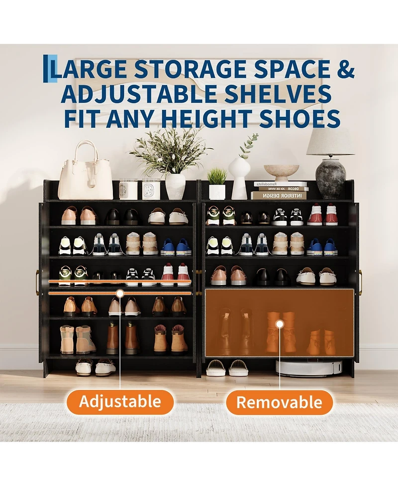 homfan Boho Rattan Shoe Cabinet for Entryway, Wooden Storage with 2 Doors, Farmhouse Rack Organizer