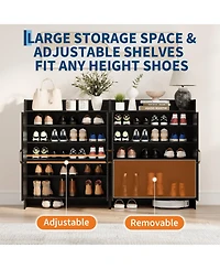 homfan Boho Rattan Shoe Cabinet for Entryway, Wooden Storage with 2 Doors, Farmhouse Rack Organizer