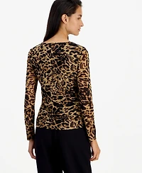 Bar Iii Women's Leopard-Print Ruched Mesh Top, Macy's Exclusive