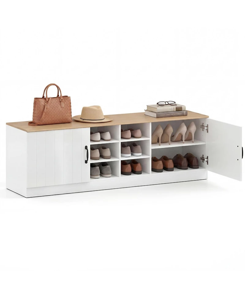 Slickblue Entryway Shoe Cabinet Bench with Adjustable Shelves and 2-Door Storage
