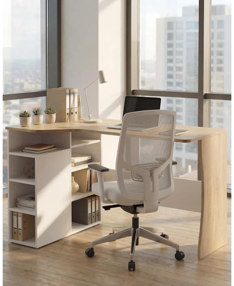 gaomon L Shaped Desk with Storage Shelves, Small Corner Desk for Small Spaces, Reversible Oak Wood Finish