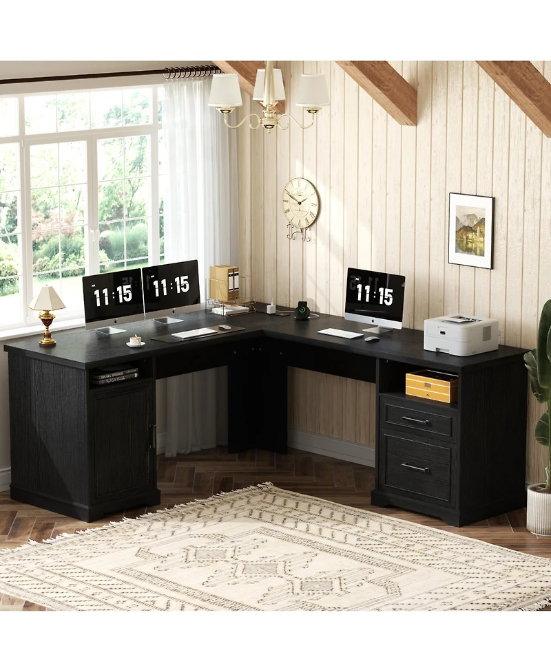 Aheaplus Corner L-Shape Desk with Charging Station and File Cabinet