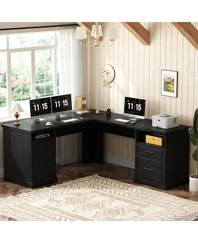 Aheaplus Corner L-Shape Desk with Charging Station and File Cabinet