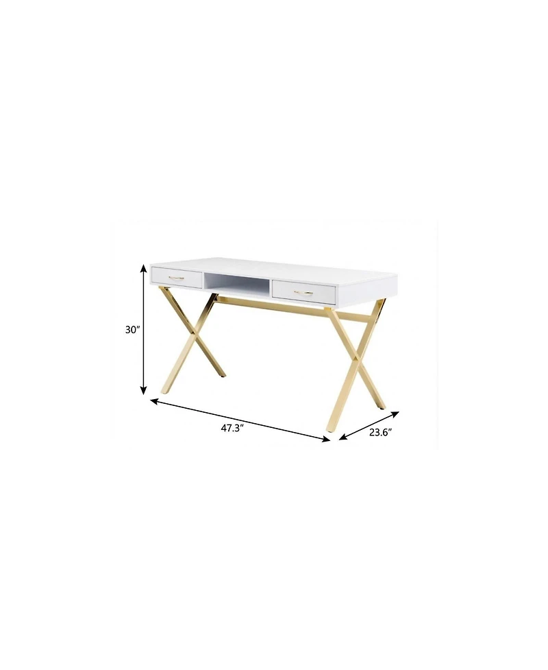 HomeRoots 47" White and Gold Wood and Metal Computer Desk With Two Drawers