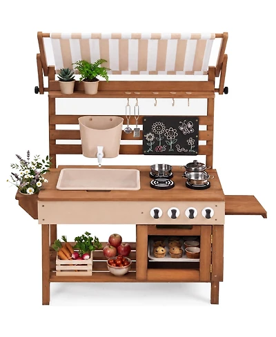 Best Choice Products Deluxe Wooden Outdoor Mud Kitchen for Kids with Canopy, Water Tank, Faucet and 11pc Accessories