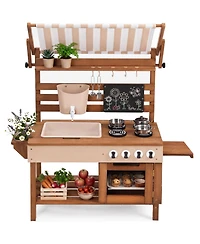 Best Choice Products Deluxe Wooden Outdoor Mud Kitchen for Kids with Canopy, Water Tank, Faucet and 11pc Accessories