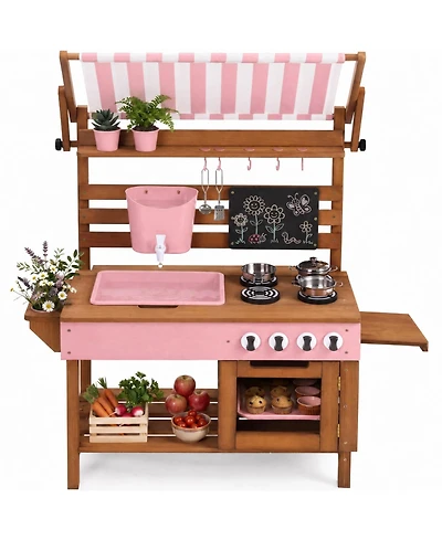 Best Choice Products Deluxe Wooden Outdoor Mud Kitchen for Kids with Canopy, Water Tank, Faucet and 11pc Accessories