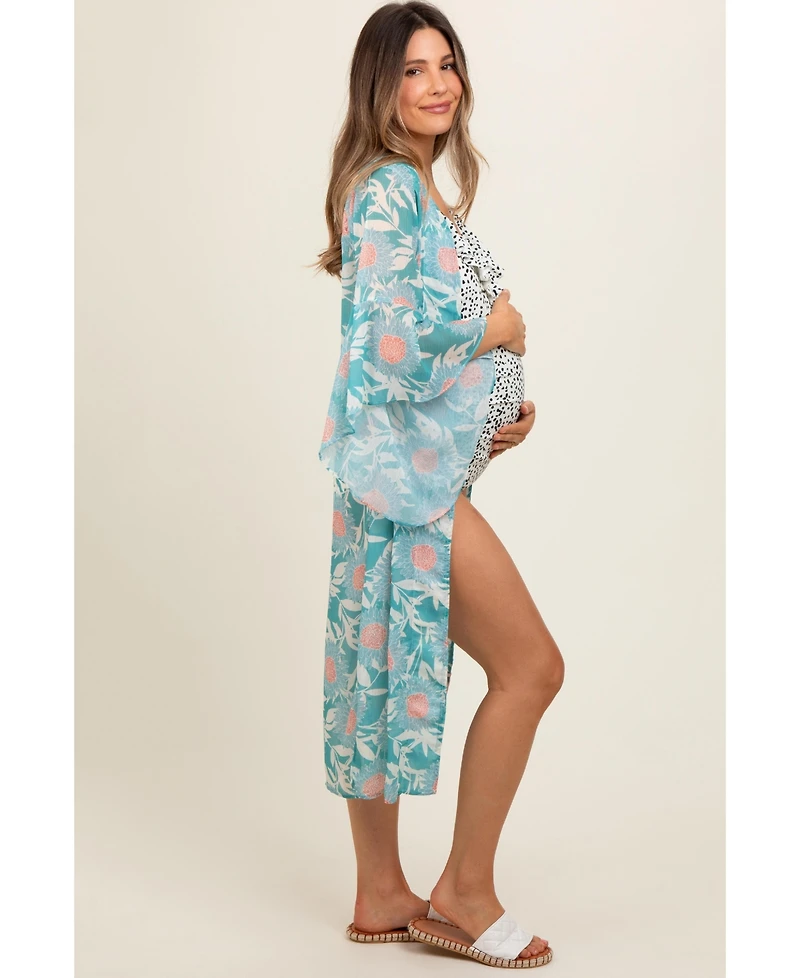 Pinkblush Maternity Teal Floral Bell Sleeve Cover-Up