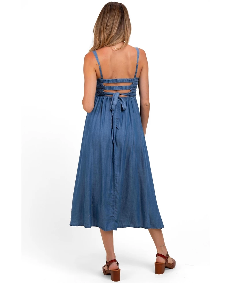 Pinkblush Maternity Blue Smocked Chambray Tie Back Cutout Midi Dress