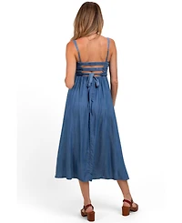 Pinkblush Maternity Blue Smocked Chambray Tie Back Cutout Midi Dress