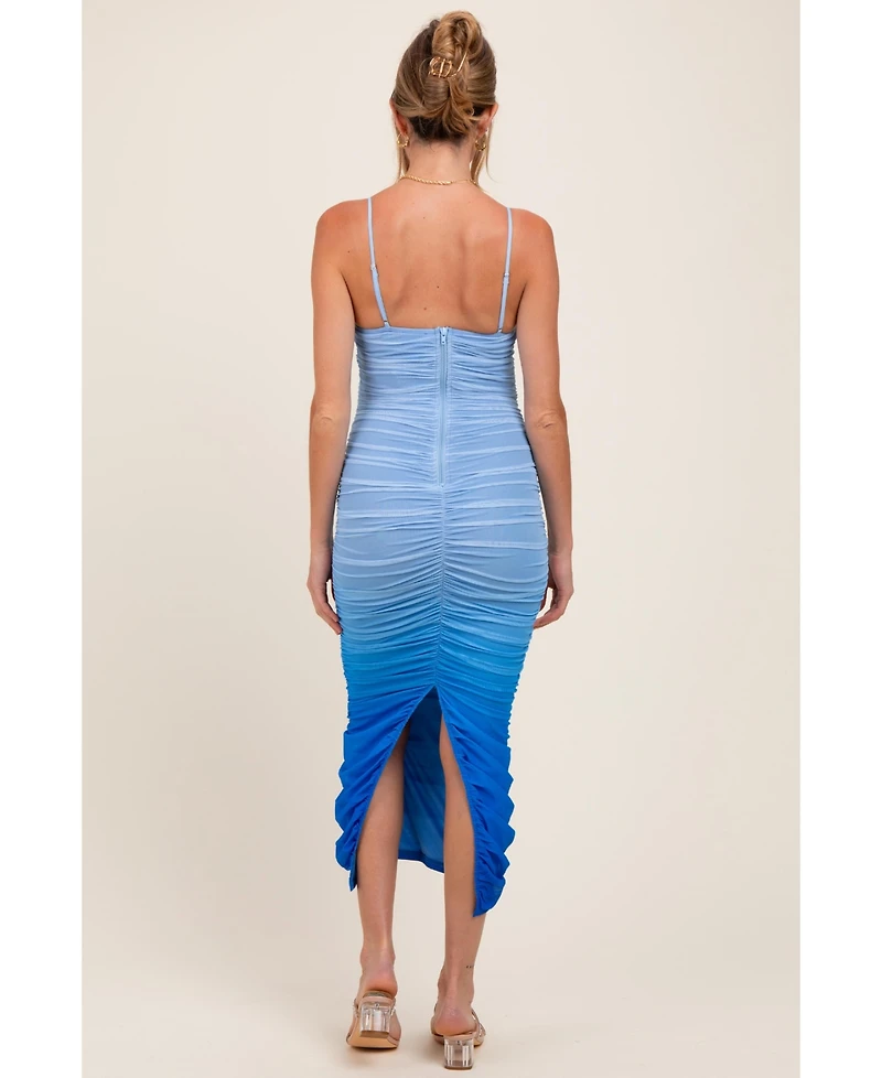 Pink Mesh Ombre Ruched Maternity Midi Dress