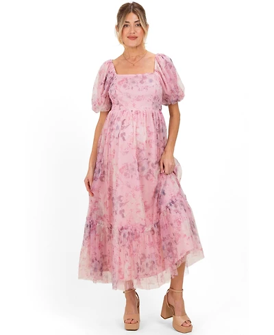 Pinkblush Maternity Pink Floral Printed Tulle Puff Sleeve Midi Dress