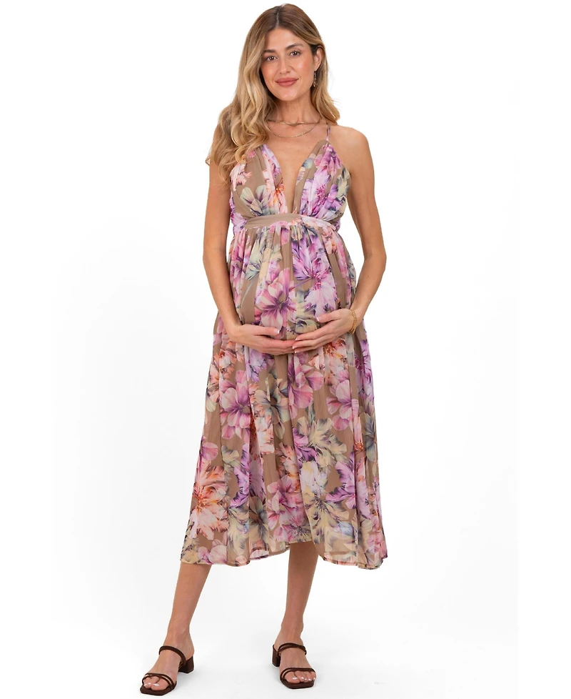 Pinkblush Maternity Tan Floral Open Back Midi Dress