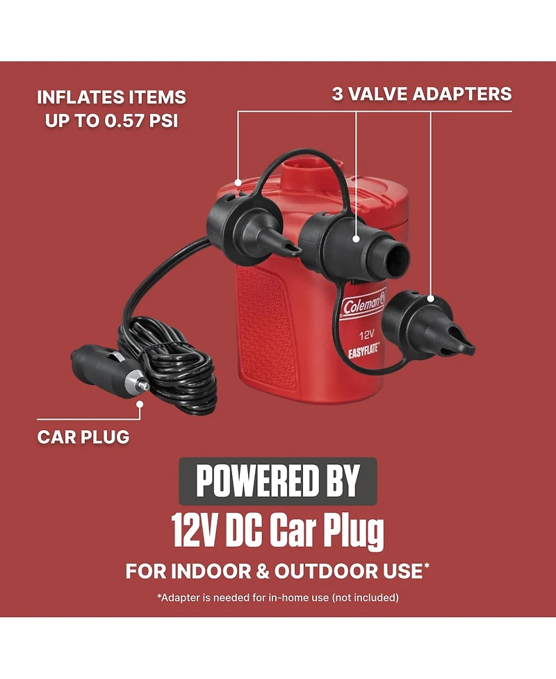 Coleman EasyFlate 12V Dc Electric Air Pump, Car Plug Inflator with 3 Adapters