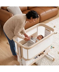 Kinder King Baby 3-in-1 Bassinet Bedside Sleeper with Adjustable Height, Mosquito Net and Wheels