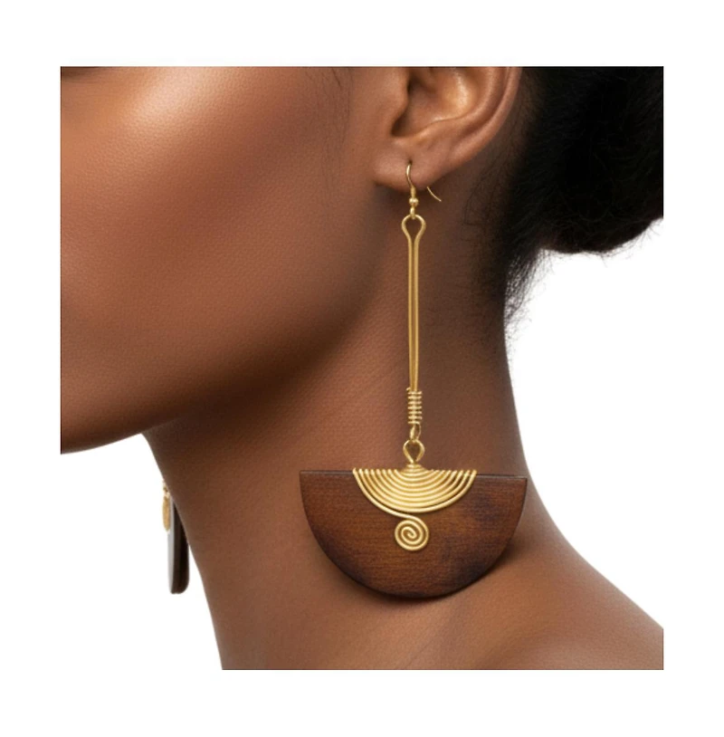 Pinduli Handmade Brass & Wood Drop Earrings – Elegant Statement Design