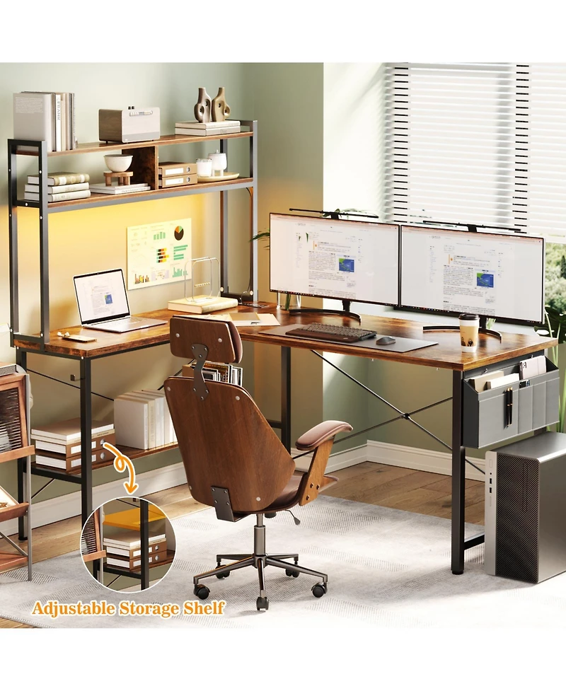 Aheaplus 49'' Reversible L Shaped Gaming Desk with Power Outlet and Led Lights, Corner Hutch & Monitor Stand