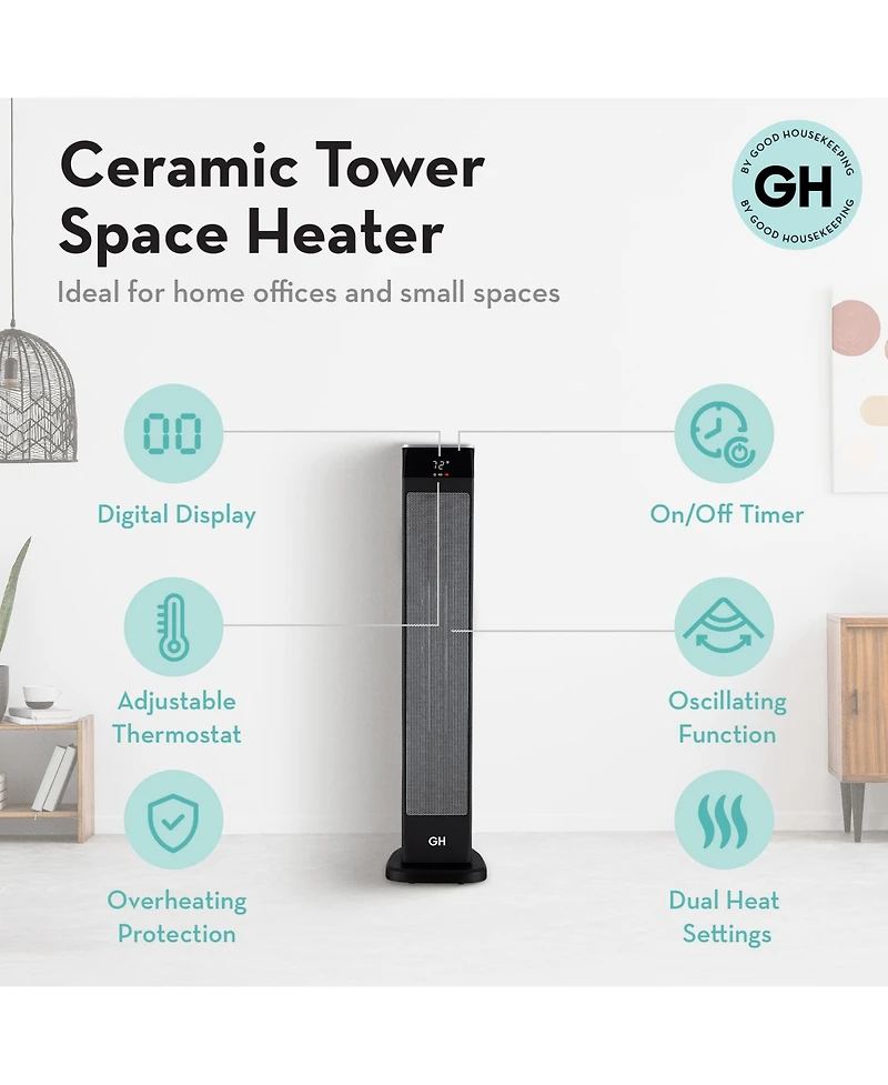 Good Housekeeping 30" Ceramic Tower Space Heater with Remote, Oscillating