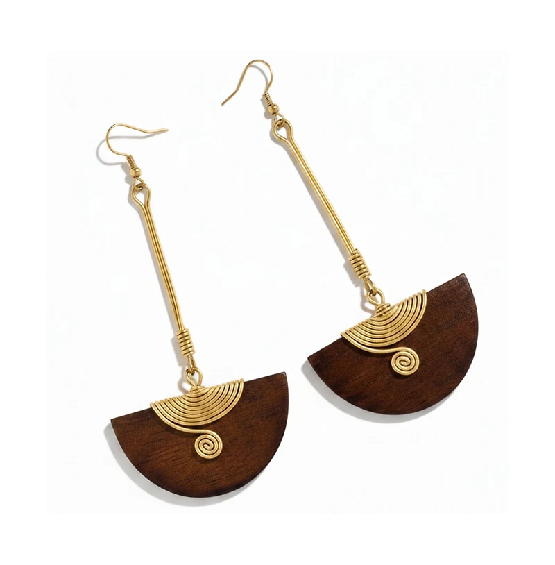 Pinduli Handmade Brass & Wood Drop Earrings – Elegant Statement Design
