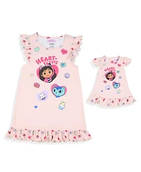 Gabby's Dollhouse Toddler Girls Heart-Tastic Sleep Nightgown with Matching Doll Dress