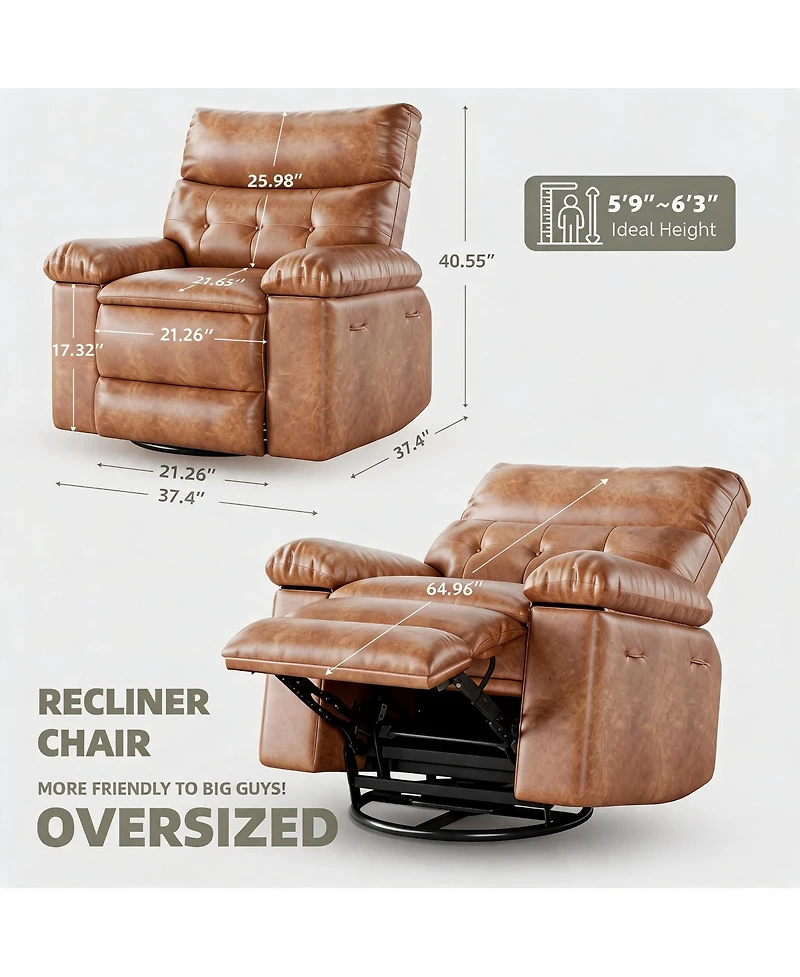 homfan Manual Recliner, Pu Leather Rocker with Heat and Massage, Swivel Recliner Chairs, Ergonomic Lounge Chair Remote Side Pocket