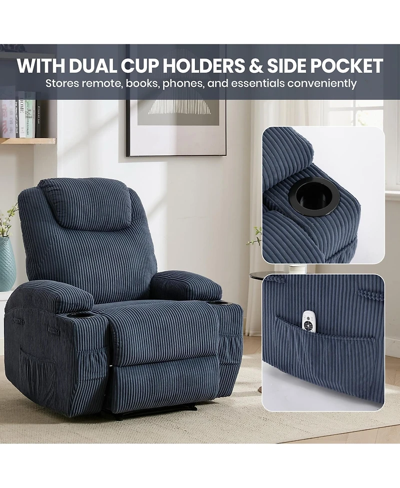 homfan Electric Recliner with Massage and Heat - Upholstered Armchair - Dual Cup Holders and Side Pockets