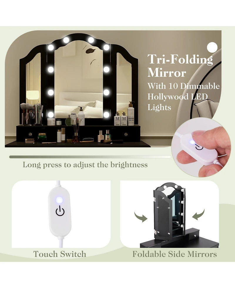 Volenca Lighted Makeup Vanity Set with Mirror, Drawers, and Cushioned Stool