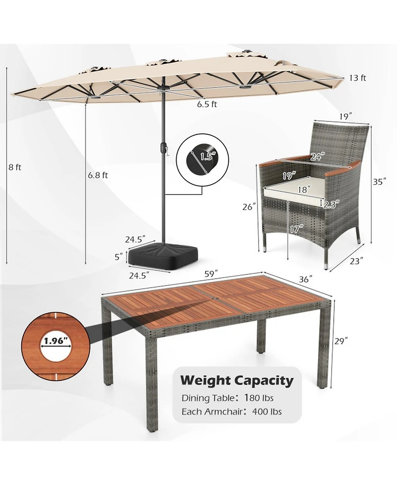 Sugift 8-Piece Outdoor Wicker Dining Furniture with 13.5 Ft Double-Sided Patio Umbrella