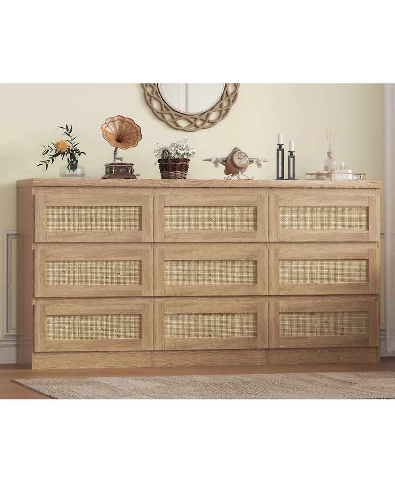 homfan Rattan 9 Drawer Dresser with Charging Station - Farmhouse Wood Chest of Drawers for Bedroom, Living Room
