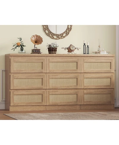 homfan Rattan 9 Drawer Dresser with Charging Station - Farmhouse Wood Chest of Drawers for Bedroom, Living Room