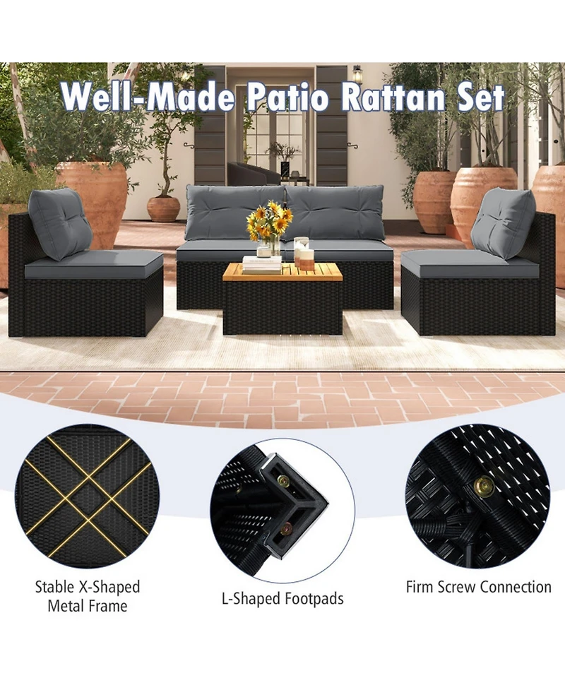 Gouun 5-Piece Pe Rattan Conversation Set with Acacia Wood Table and Cushions