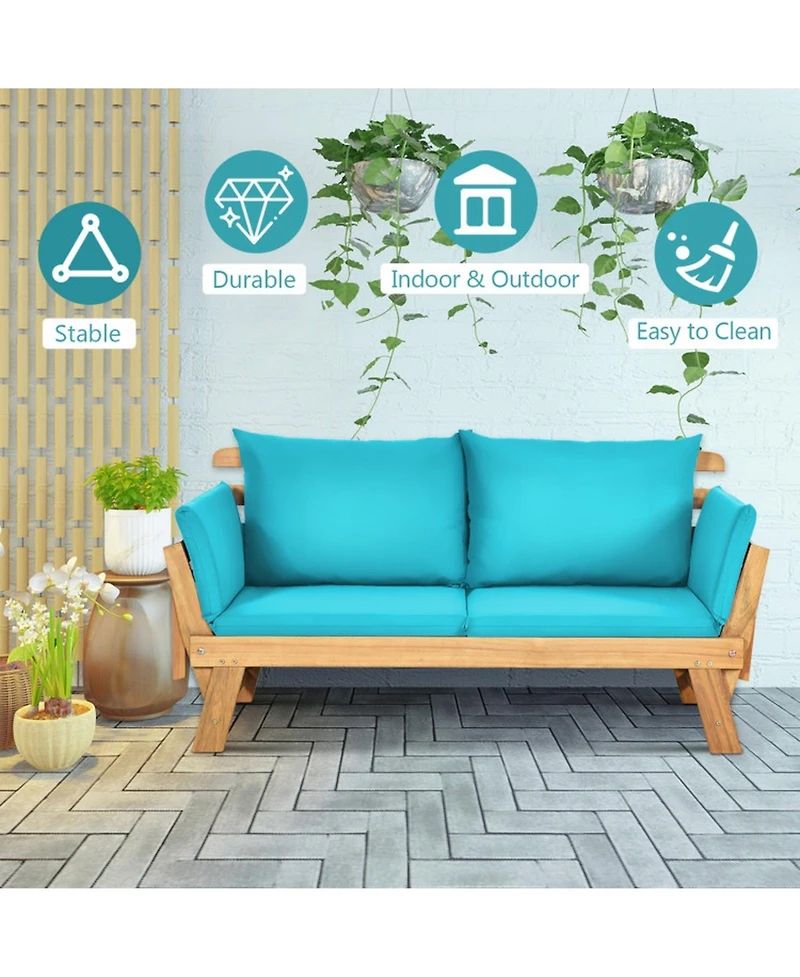 Gouun Adjustable Acacia Wood Patio Convertible Sofa Daybed with Thick Cushion