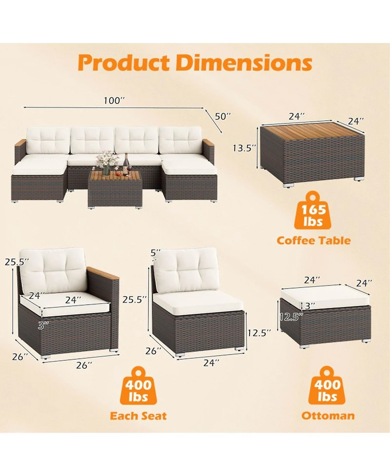 Gouun 7-Piece Wicker Patio Sectional with Acacia Wood Armrests and Ottoman