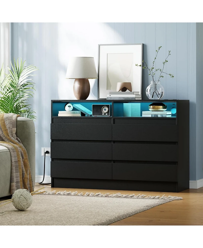 gaomon 6 Drawer Dresser with Charging Station and Led Lights, Modern Chest of Drawers Power Outlet, Organizer Cabinet for Bedroom, Living Room