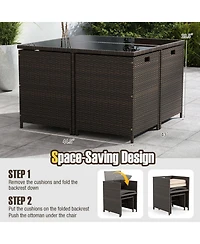 Sugift 9-Piece Rattan Patio Dining Set with Tempered Glass Table and Ottomans